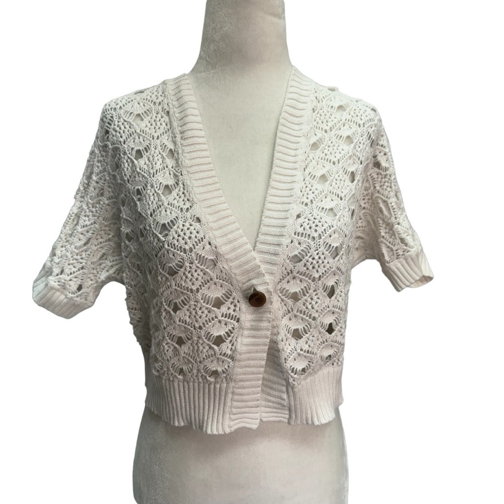 Calvin Klein White Open Knit Cropped Short Sleeve Bolero Sweater Size M - Picture 2 of 8